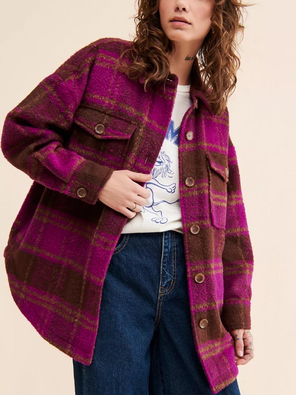 Good American Pink & Brown Brushed Plaid Shacket Jacket One Size Fits All